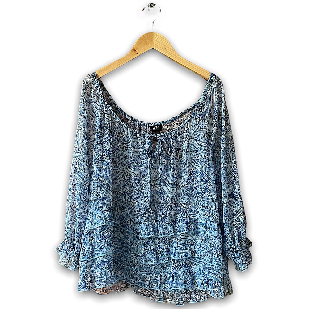 H&M Sheer Paisley ruffle top blouse blue size 4 / small